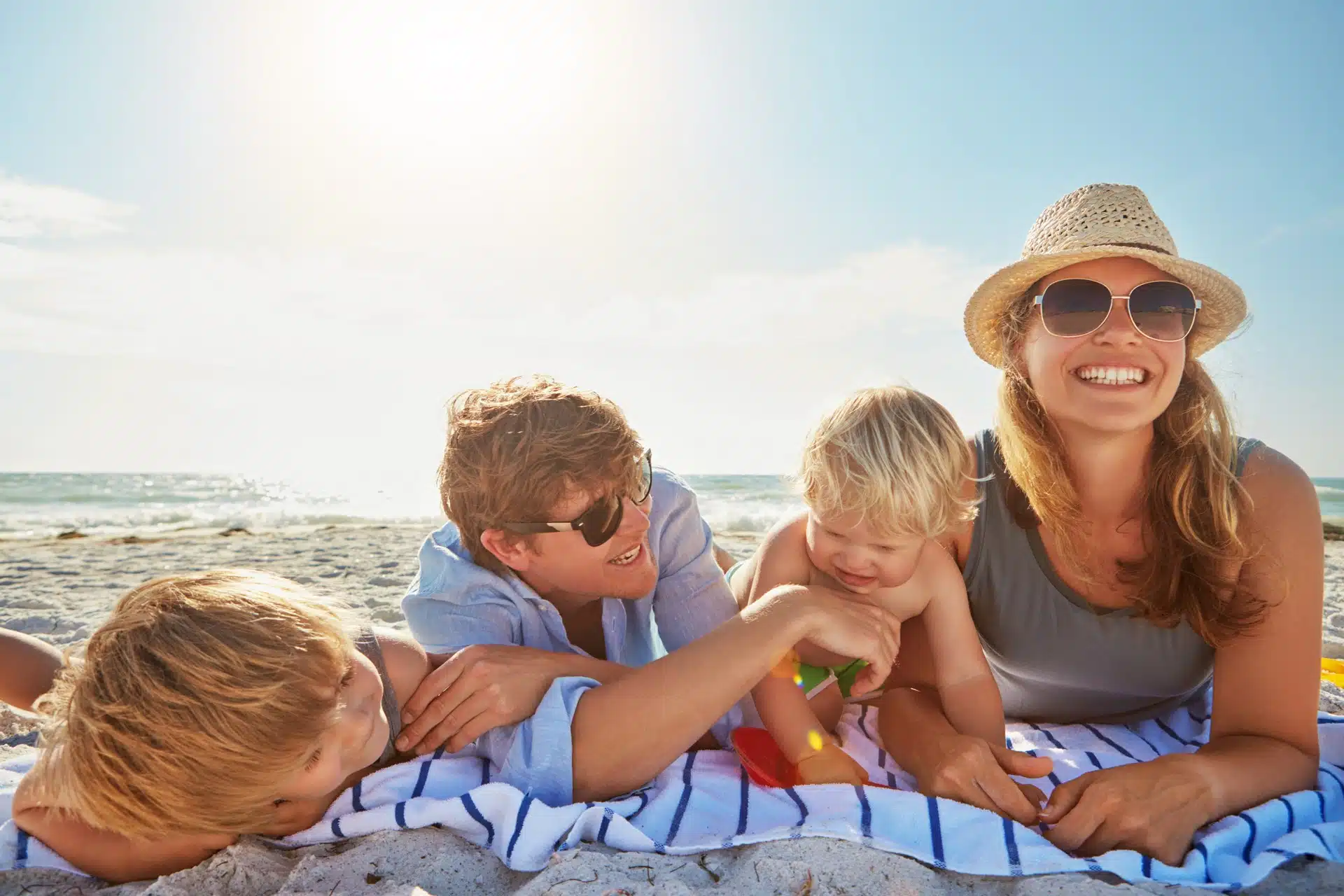 Portrait,,Relax,Or,Children,With,Parents,At,Beach,On,Holiday